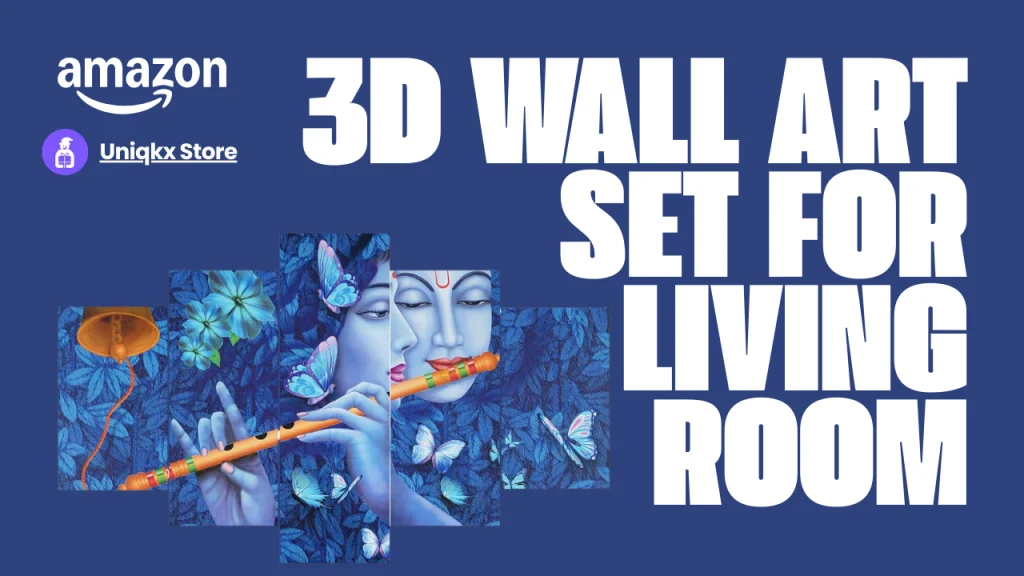 Five-panel 3D wall art set featuring Lord Krishna and Radha with a flute and butterflies, designed for living room home decor.