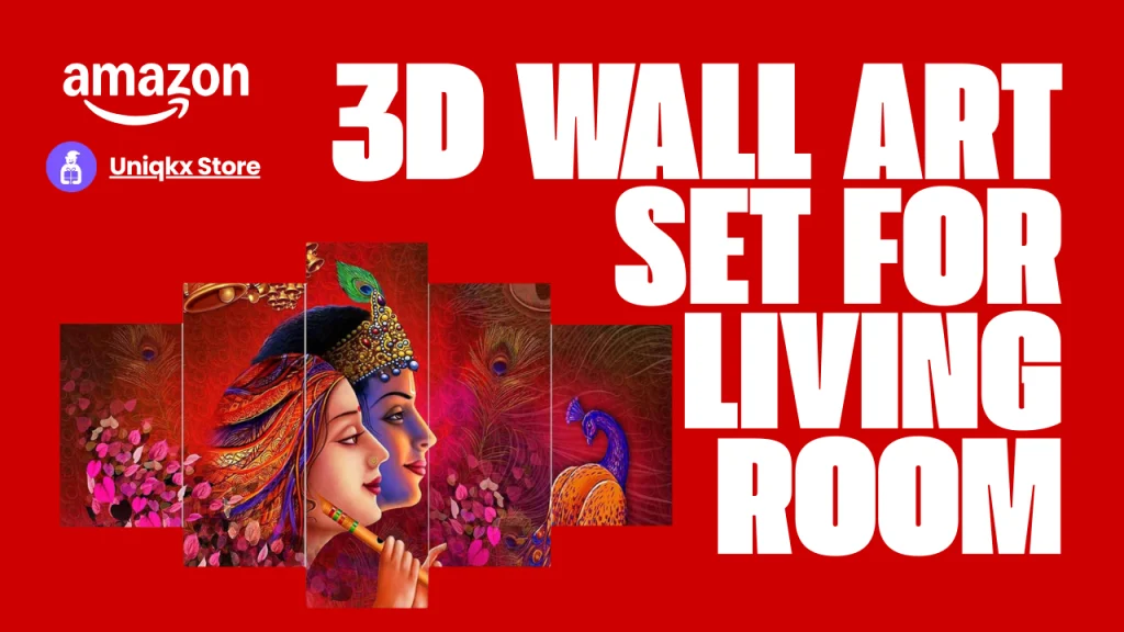 5-piece 3D wall art set for living room featuring Radha Krishna spiritual painting and peacock design, available on Amazon Uniqkx Store.