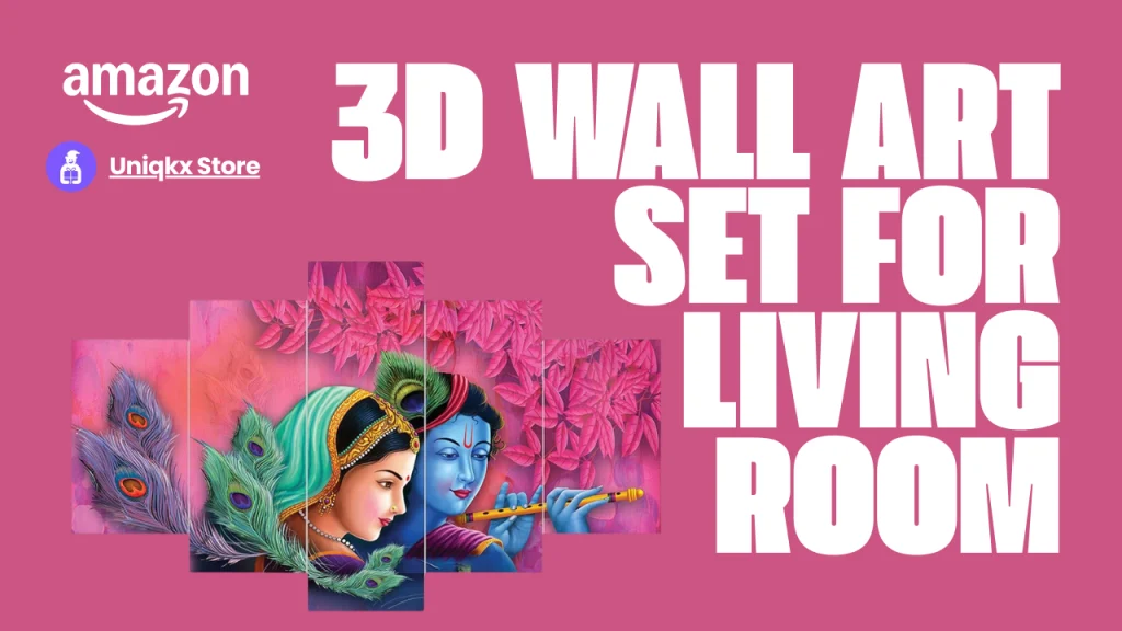 Radha Krishna 3D wall art set for living room featuring 5 panels with peacock feathers and flute, sold by Uniqkx Store on Amazon.