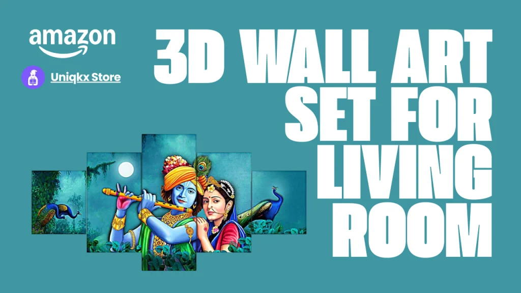 5-piece 3D wall art set of Radha Krishna with peacock and flute, decorative painting for living room interior design from Uniqkx Store on Amazon.