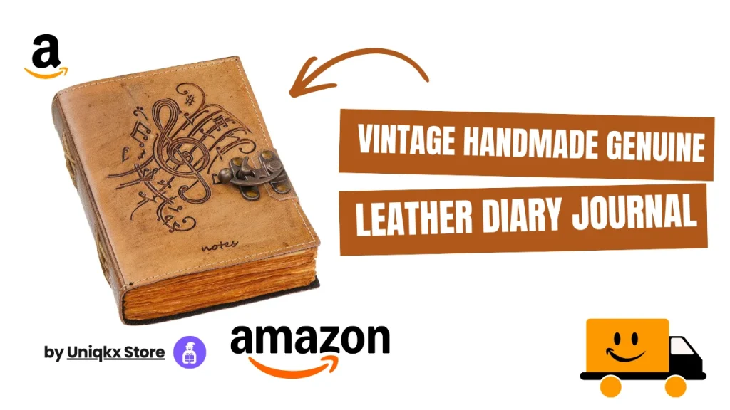 intage handmade genuine leather diary journal with embossed music notes and antique brass clasp by Uniqkx Store on Amazon.